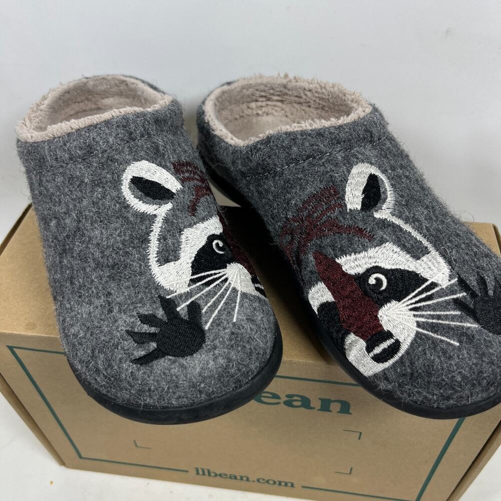 LL BEAN Slippers Womens 6 Medium B Daybreak Scuffs Motif Raccoon Mule Gray - Picture 2 of 12